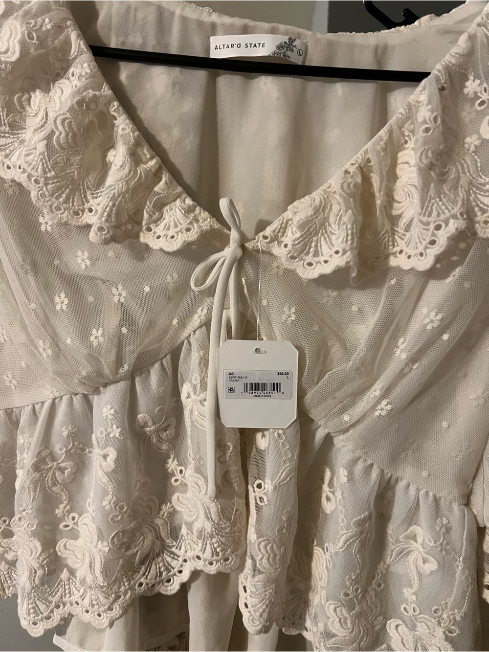 Altar’d State Women's Cream Lace Ruffle Tie-Front Top - Picture 3 of 6